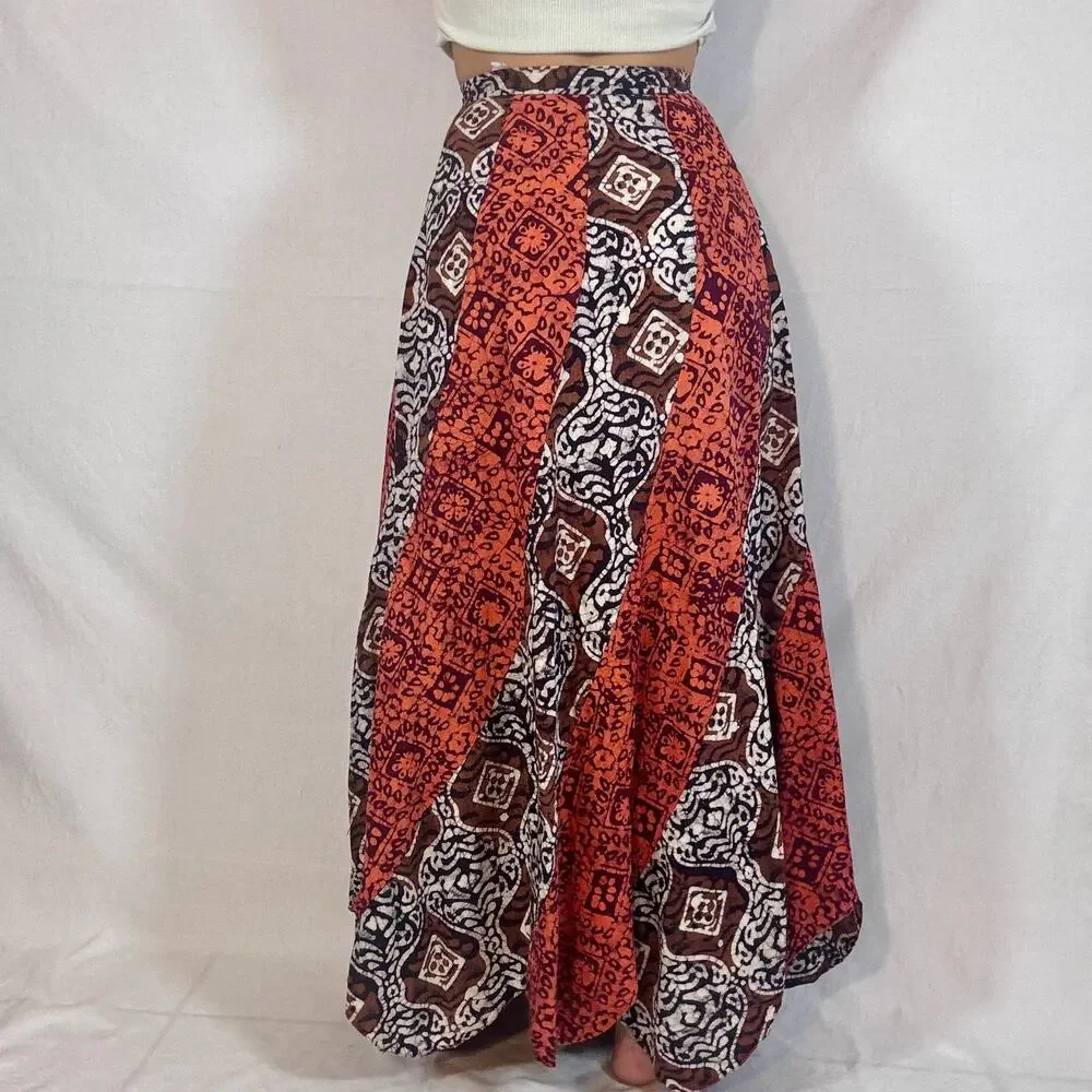 Vintage 1970s Red Brown Block Print Cotton Maxi Skirt Bias Cut Boho Swirler 25W